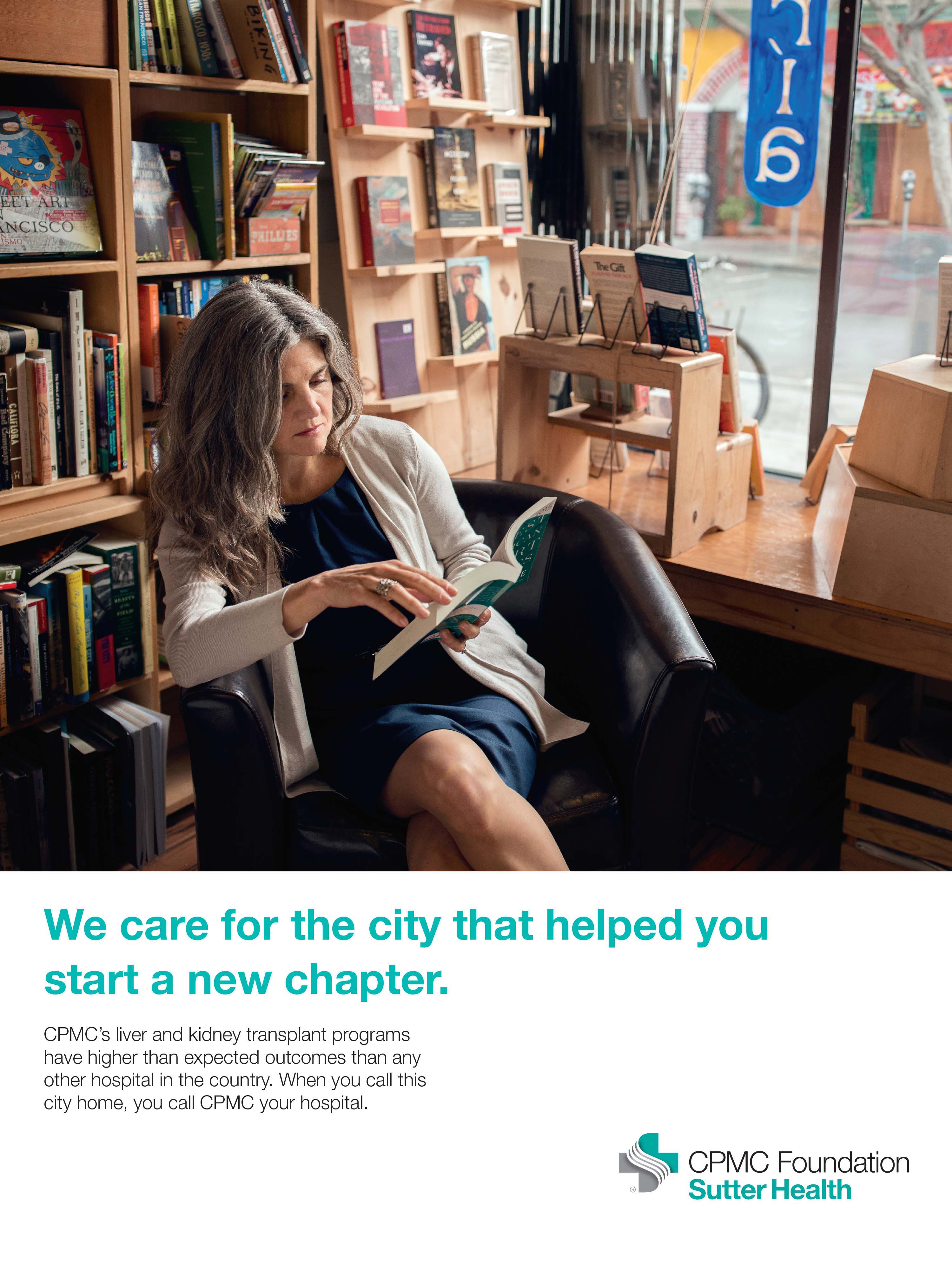 A woman sits in a chair reading in a bookstore in a Healthcare Ad Campaign photographed by Lifestyle Photographer Diana Mulvihill