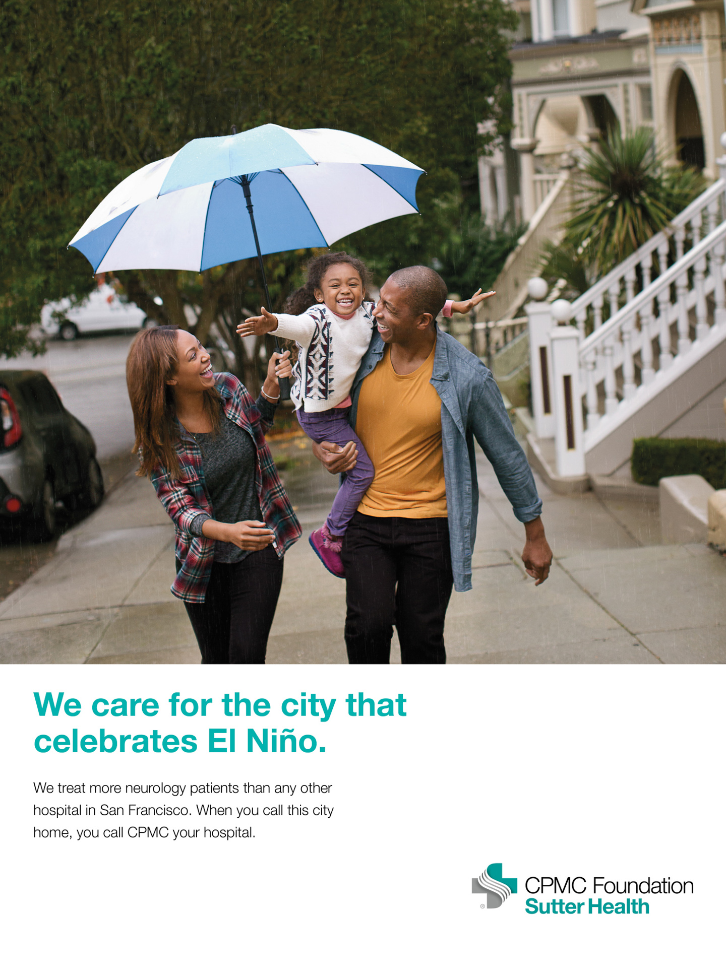 A woman, man + their young daughter walk together in the rain under an umbrella in a Healthcare Ad Campaign photographed by Lifestyle Photographer Diana Mulvihill