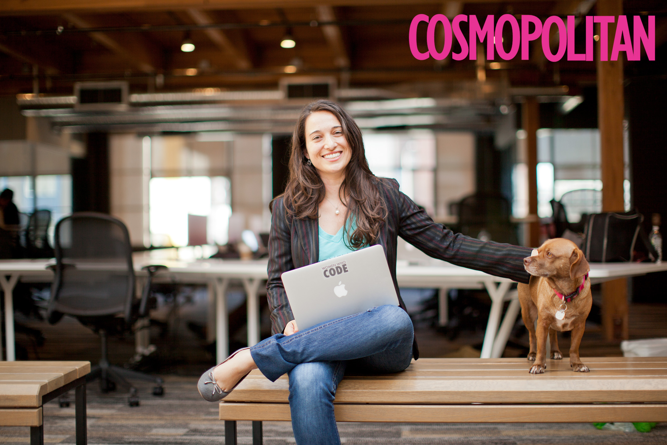 A woman poses for a portrait in a cowering space with her dog in a Cosmo Magazine article photographed by Lifestyle Photographer Diana Mulvihill
