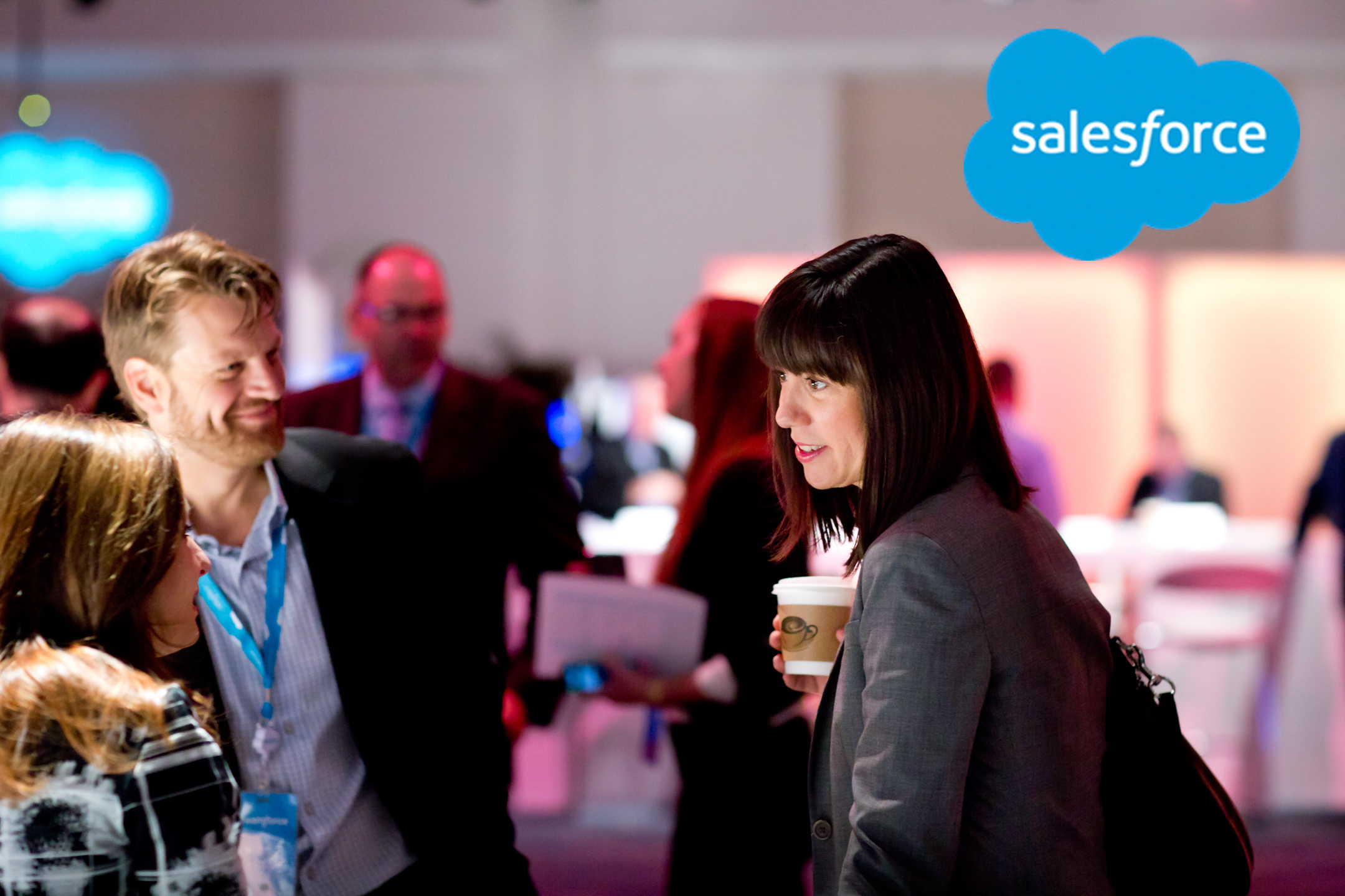 Two employees talk together for client Salesforce photographed by Lifestyle Photographer Diana Mulvihill