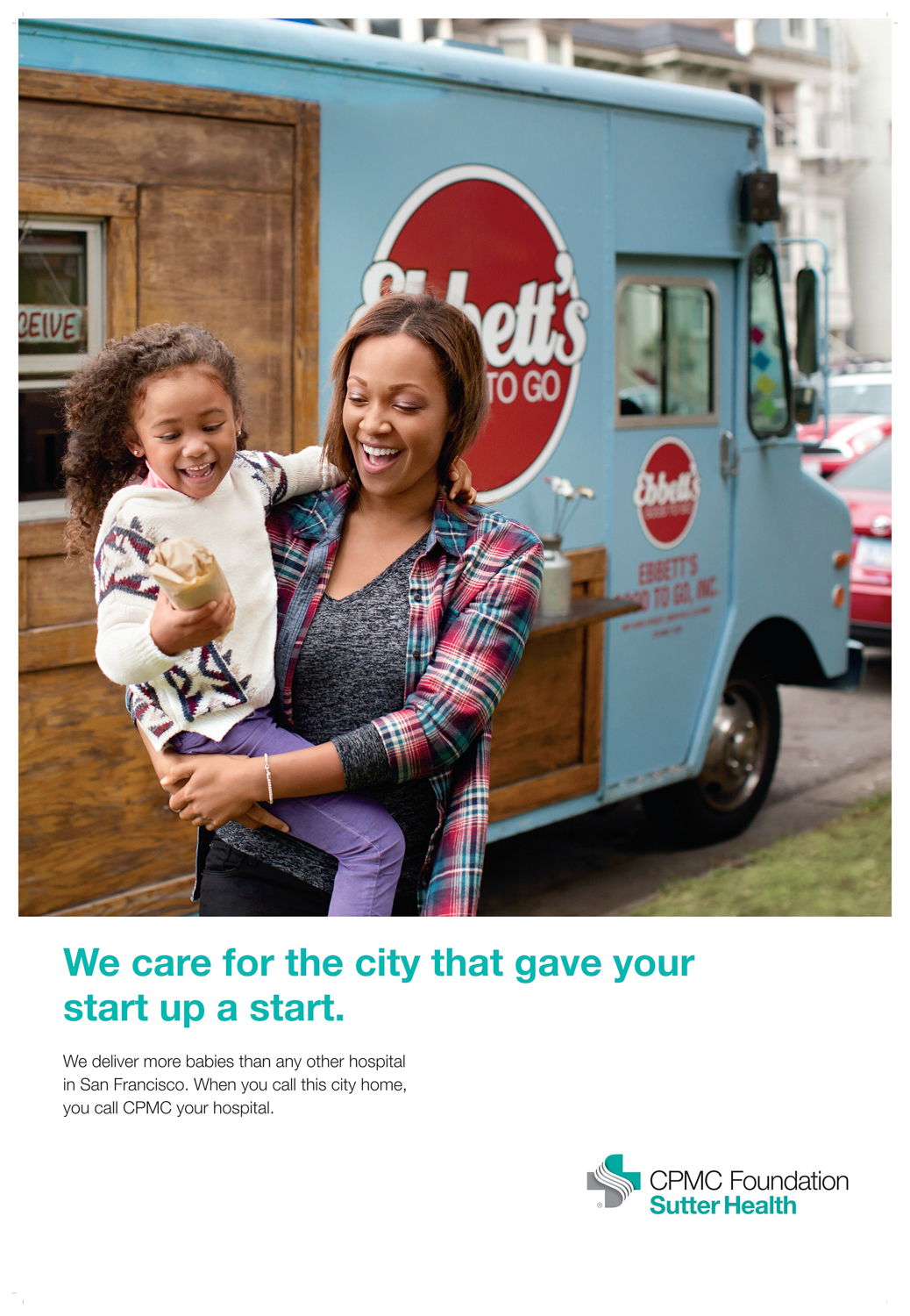 A woman and her young daughter get food from a food truck in a Healthcare Ad Campaign photographed by Lifestyle Photographer Diana Mulvihill